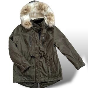 LIKE NEW: Olive Green Water Resistant Faux Fur with Detachable Sherpa hood Coat